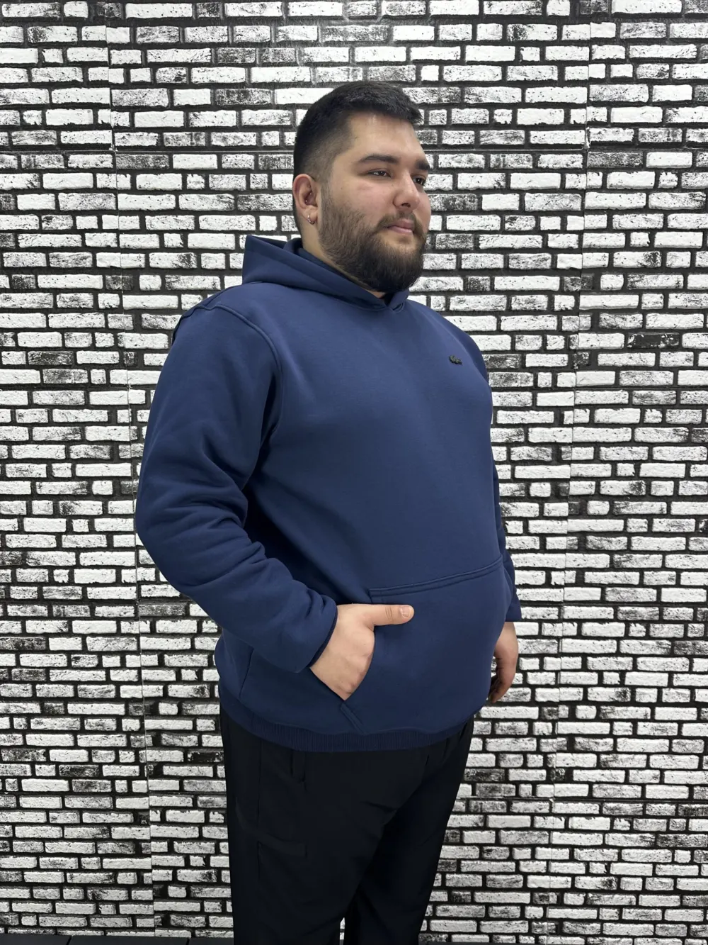 Büyük Beden Erkek 3 İplik Şardonlu Kapüşonlu Kanguru Cepli Dikiş Amblem Sweat 5 Renk