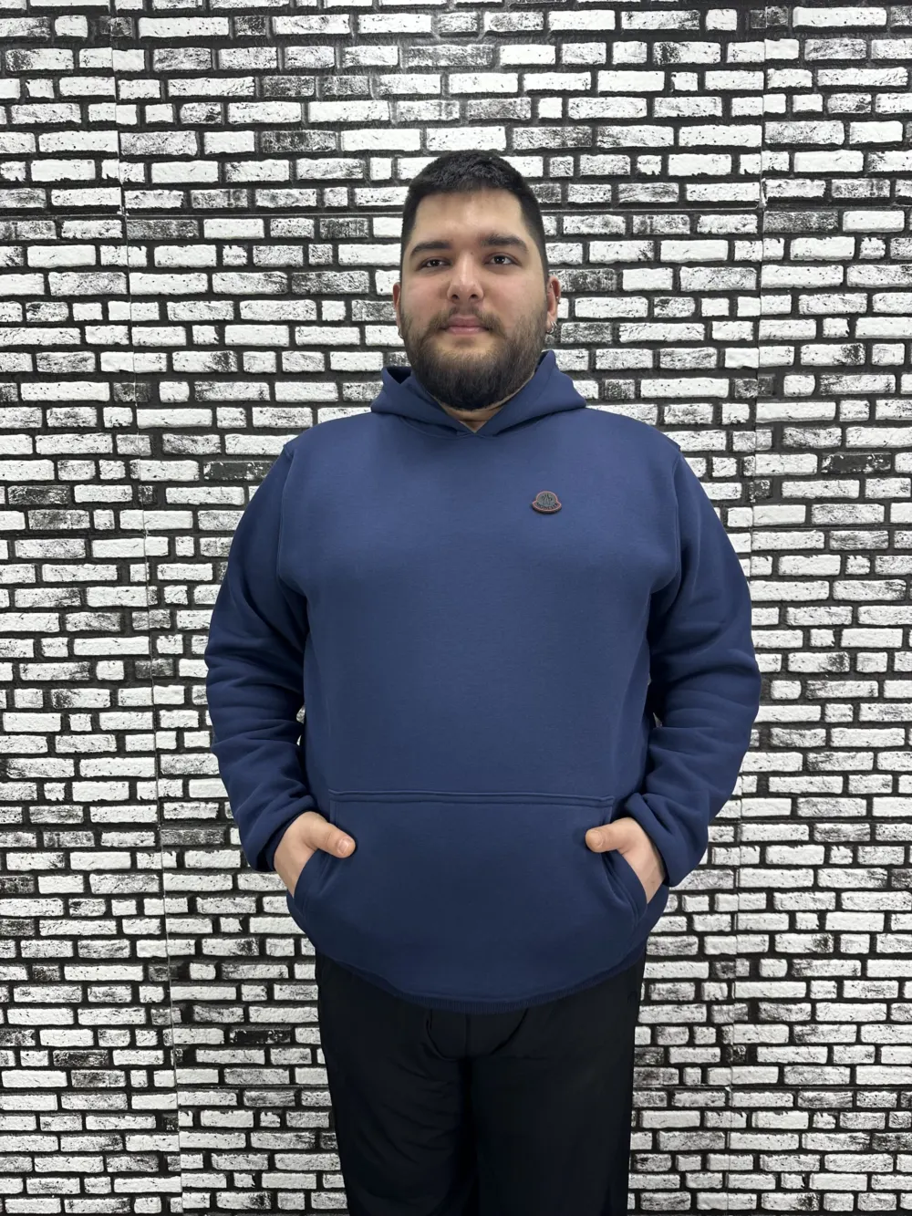 Büyük Beden Erkek 3 İplik Şardonlu Kapüşonlu Kanguru Cepli Dikiş Amblem Sweat 5 Renk