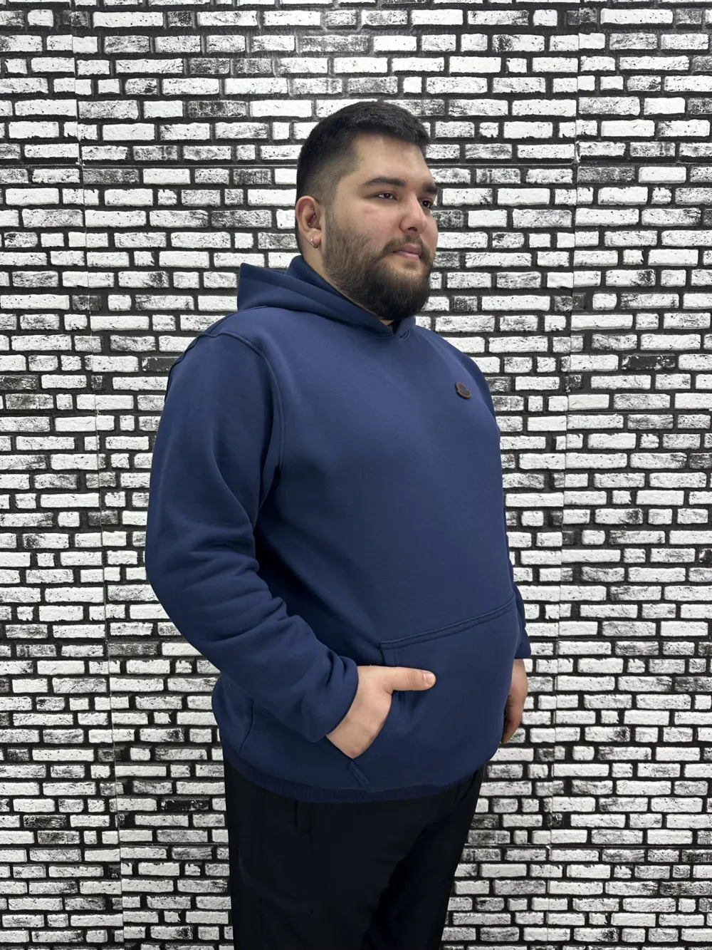 Büyük Beden Erkek 3 İplik Şardonlu Kapüşonlu Kanguru Cepli Dikiş Amblem Sweat 5 Renk