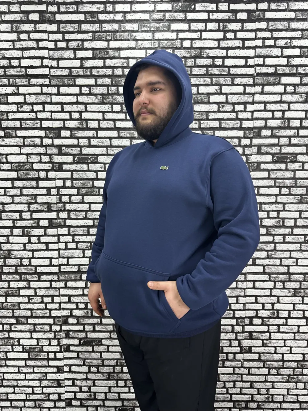 Büyük Beden Erkek 3 İplik Şardonlu Kapüşonlu Kanguru Cepli Dikiş Amblem Sweat 5 Renk