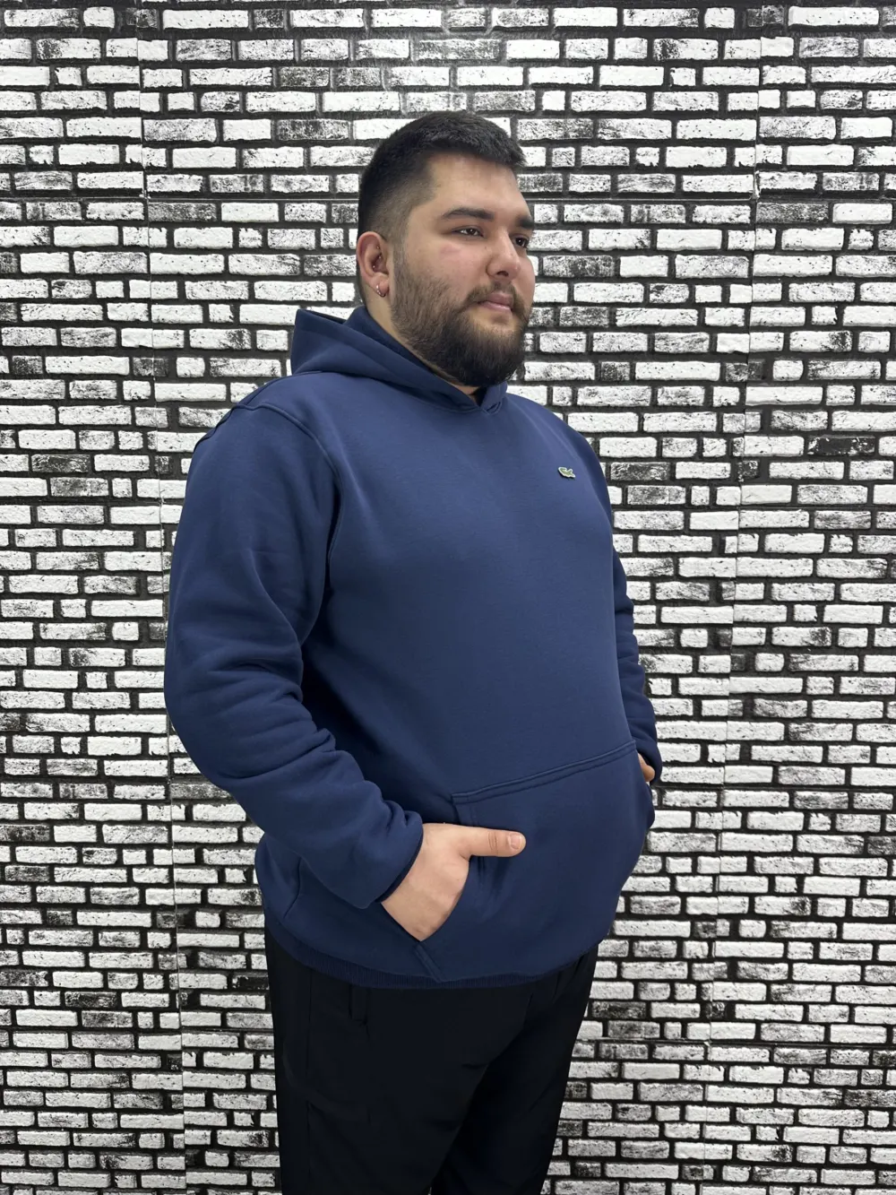 Büyük Beden Erkek 3 İplik Şardonlu Kapüşonlu Kanguru Cepli Dikiş Amblem Sweat 5 Renk