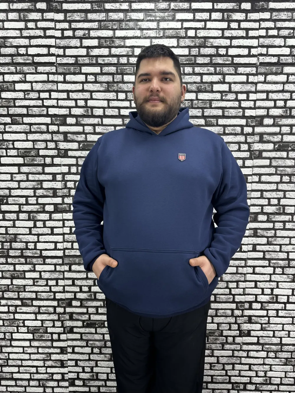 Büyük Beden Erkek 3 İplik Şardonlu Kapüşonlu Kanguru Cepli Dikiş Amblem Sweat 5 Renk