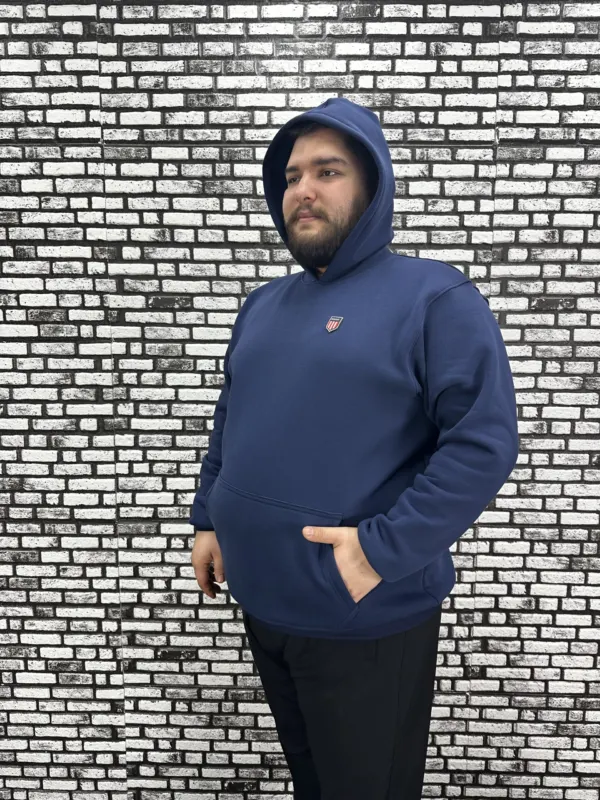 Büyük Beden Erkek 3 İplik Şardonlu Kapüşonlu Kanguru Cepli Dikiş Amblem Sweat 5 Renk