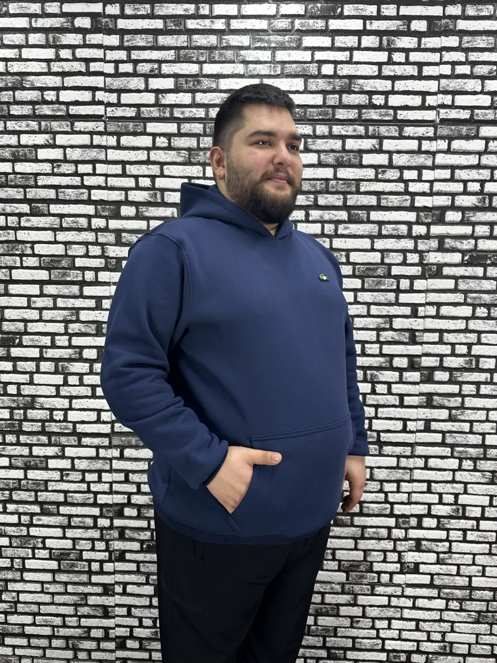 Büyük Beden Erkek 3 İplik Şardonlu Kapüşonlu Kanguru Cepli Dikiş Amblem Sweat 5 Renk