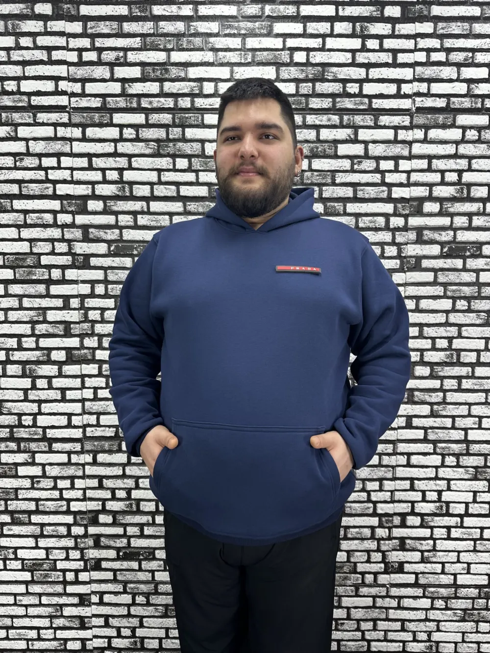 Büyük Beden Erkek 3 İplik Şardonlu Kapüşonlu Kanguru Cepli Dikiş Amblem Sweat 5 Renk