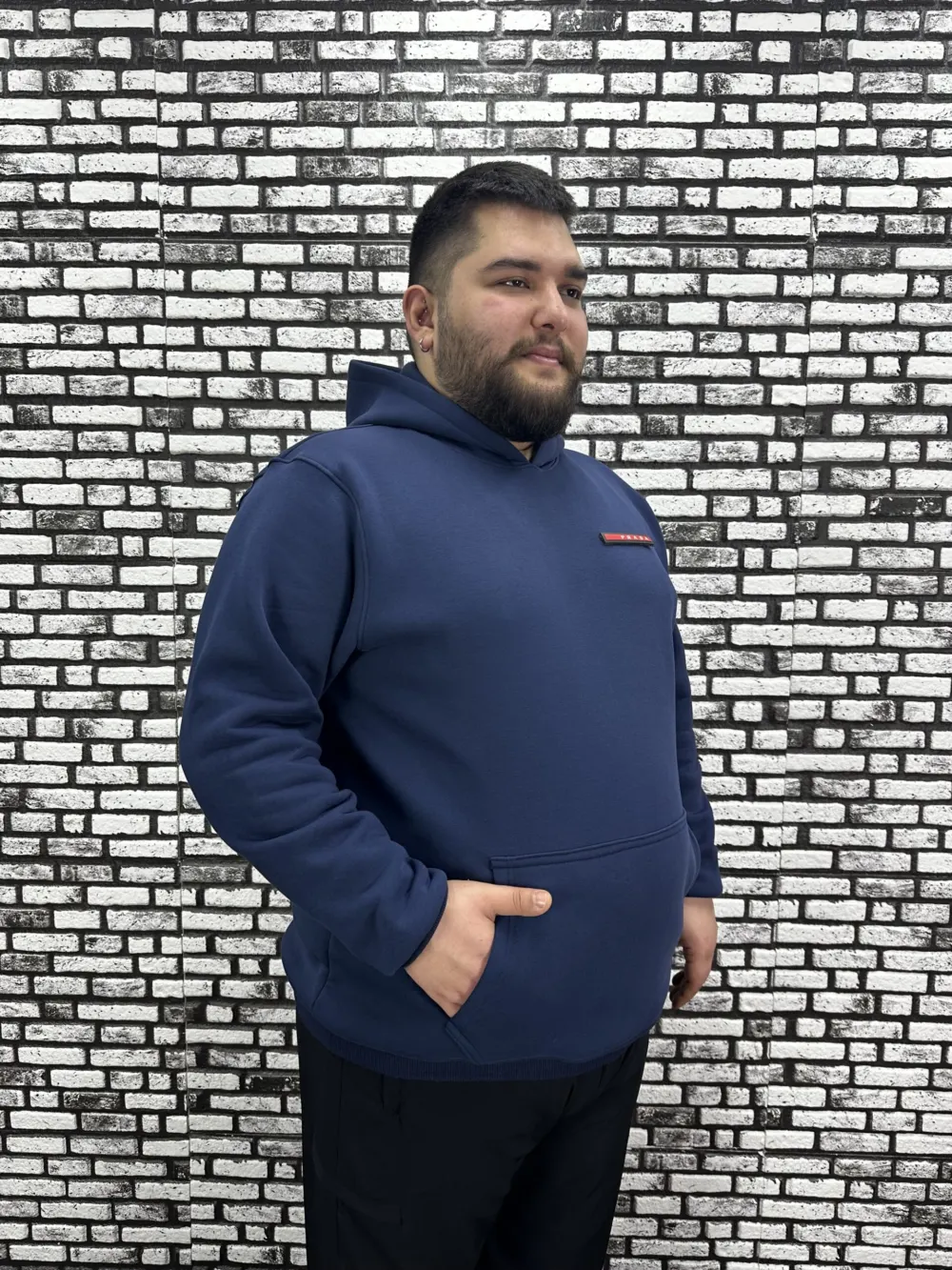 Büyük Beden Erkek 3 İplik Şardonlu Kapüşonlu Kanguru Cepli Dikiş Amblem Sweat 5 Renk