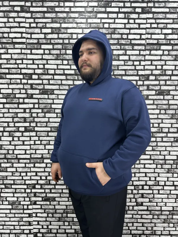 Büyük Beden Erkek 3 İplik Şardonlu Kapüşonlu Kanguru Cepli Dikiş Amblem Sweat 5 Renk