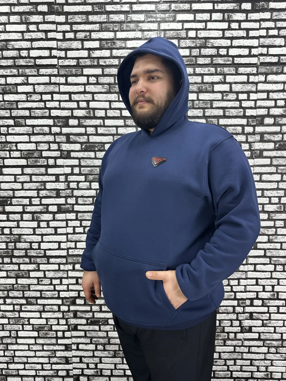 Büyük Beden Erkek 3 İplik Şardonlu Kapüşonlu Kanguru Cepli Dikiş Amblem Sweat 5 Renk