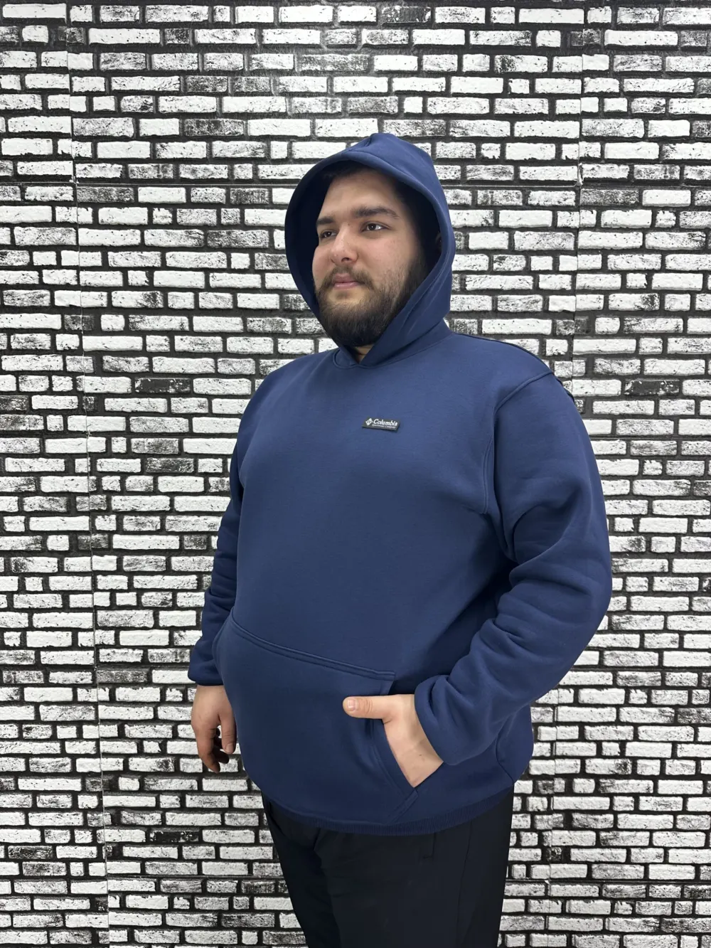 Büyük Beden Erkek 3 İplik Şardonlu Kapüşonlu Kanguru Cepli Dikiş Amblem Sweat 5 Renk