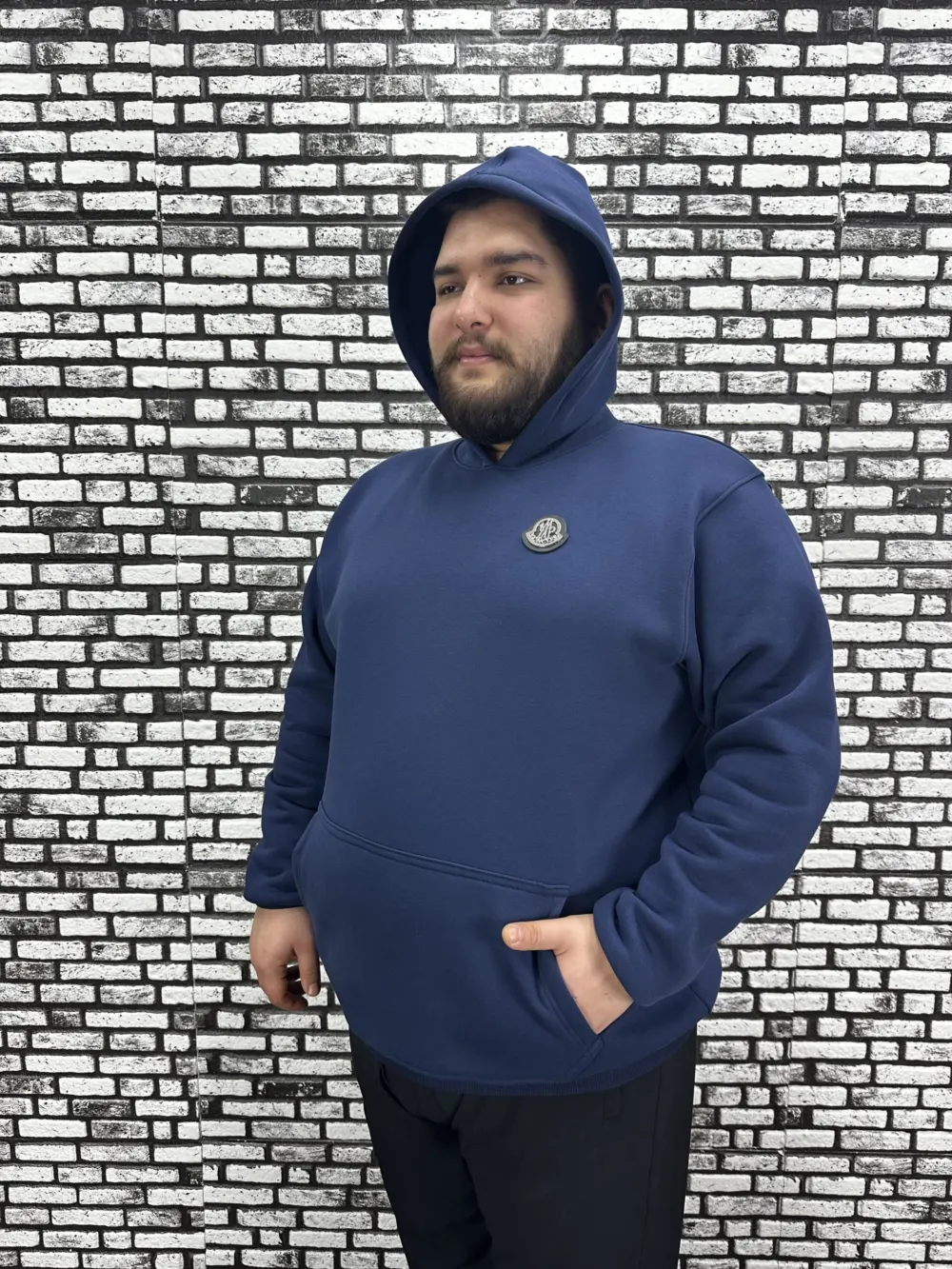Büyük Beden Erkek 3 İplik Şardonlu Kapüşonlu Kanguru Cepli Dikiş Amblem Sweat 5 Renk