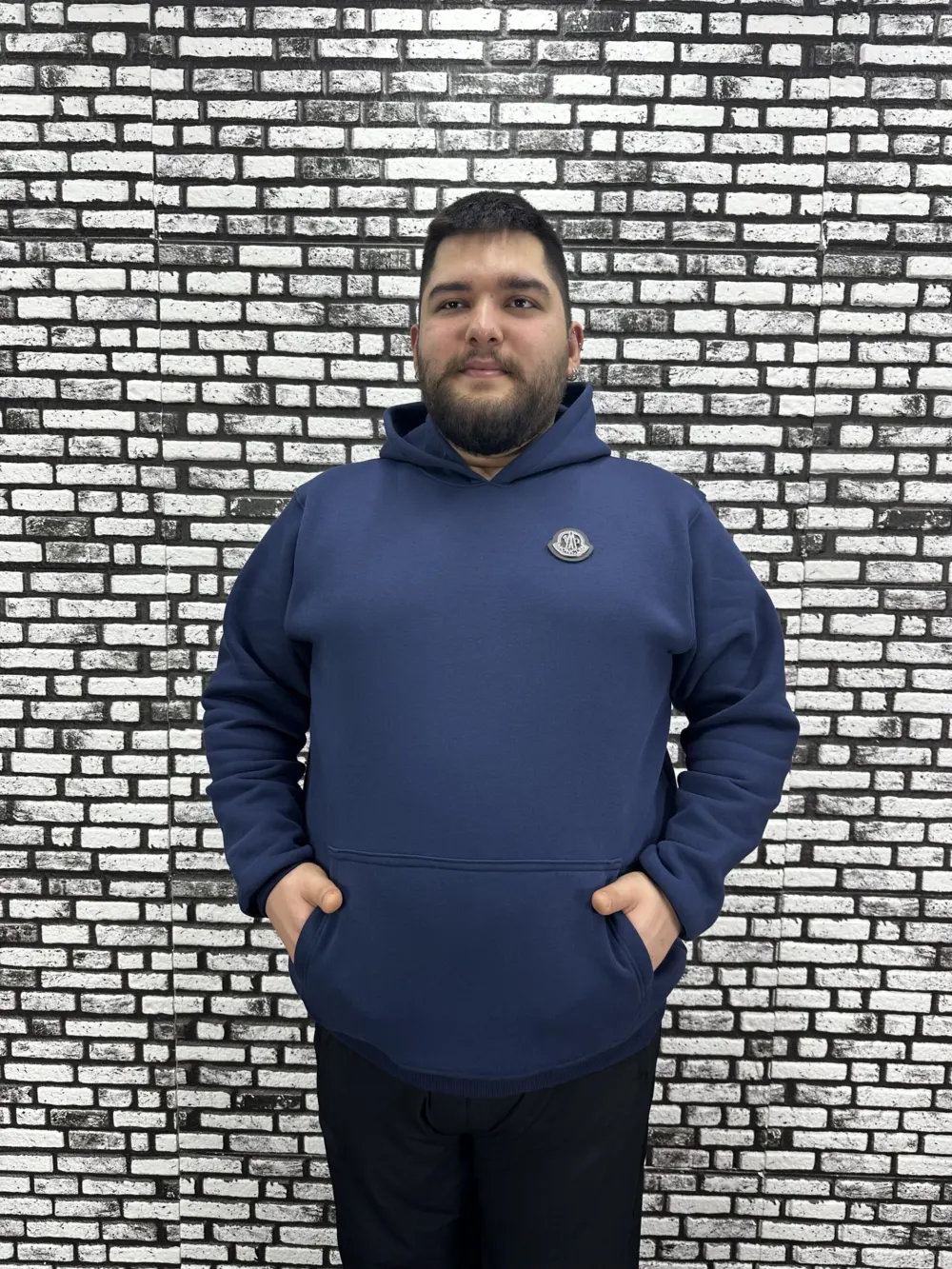 Büyük Beden Erkek 3 İplik Şardonlu Kapüşonlu Kanguru Cepli Dikiş Amblem Sweat 5 Renk