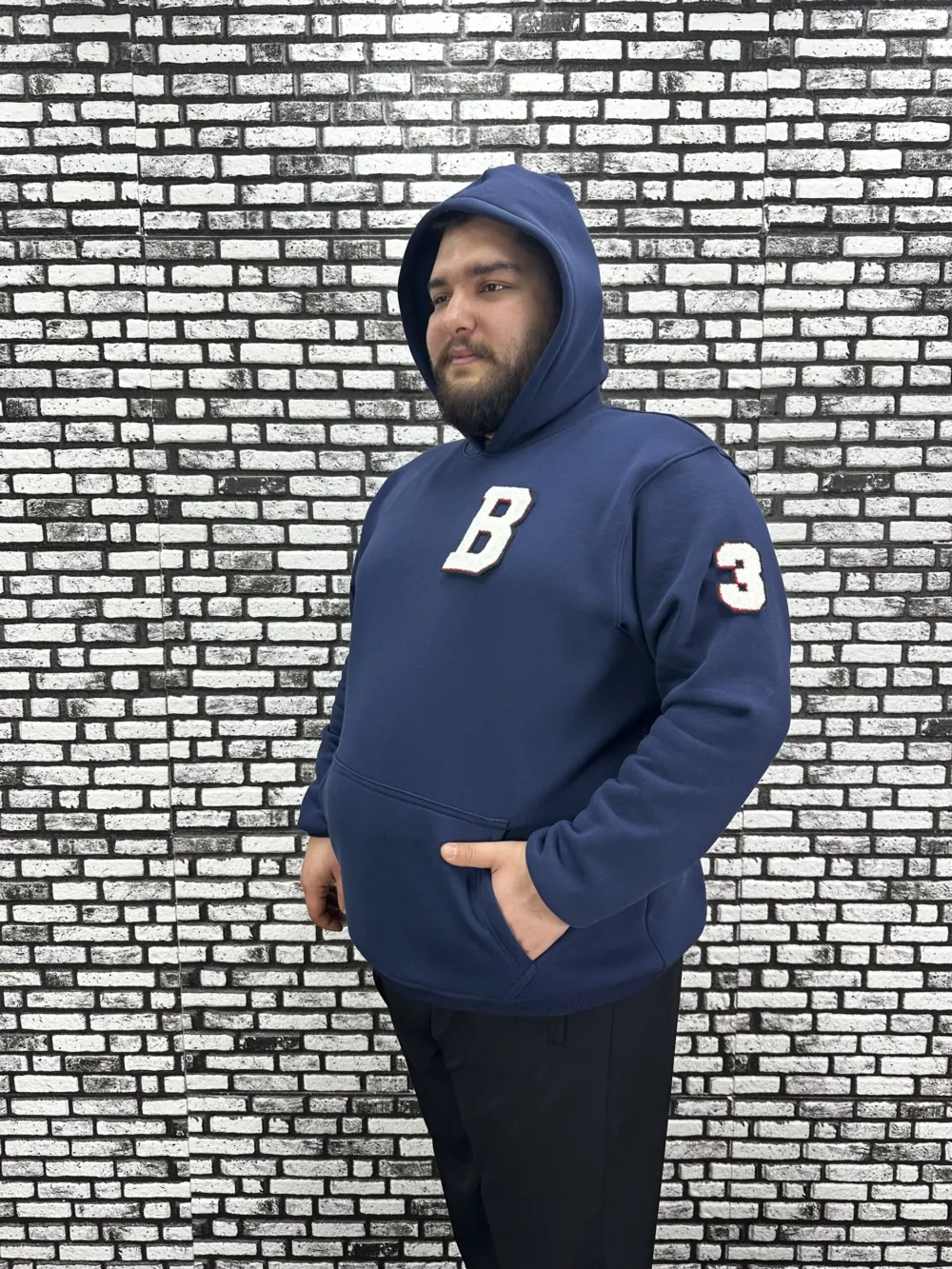 Büyük Beden Erkek 3 İplik Şardonlu Kapüşonlu Kanguru Cepli Dikiş Amblem Sweat 5 Renk