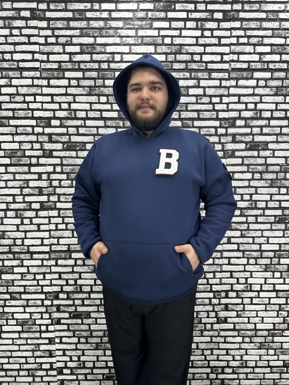 Büyük Beden Erkek 3 İplik Şardonlu Kapüşonlu Kanguru Cepli Dikiş Amblem Sweat 5 Renk