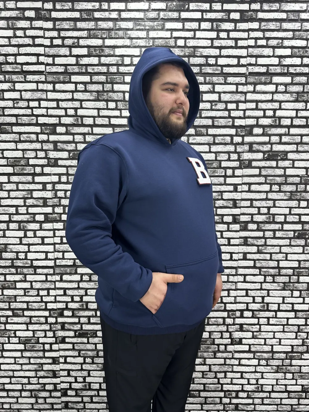 Büyük Beden Erkek 3 İplik Şardonlu Kapüşonlu Kanguru Cepli Dikiş Amblem Sweat 5 Renk