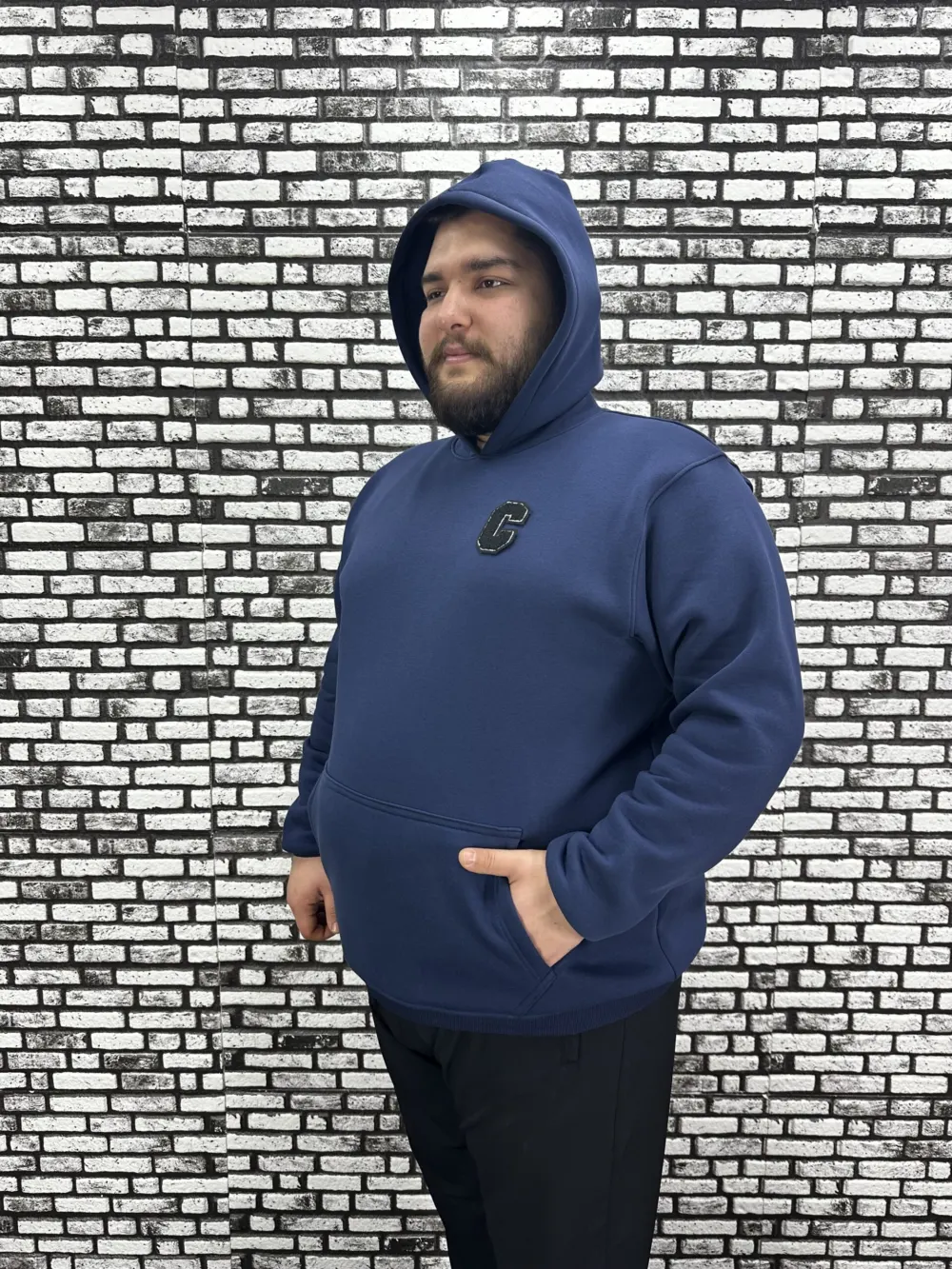 Büyük Beden Erkek 3 İplik Şardonlu Kapüşonlu Kanguru Cepli Dikiş Amblem Sweat 5 Renk