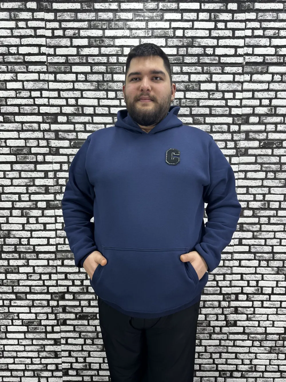 Büyük Beden Erkek 3 İplik Şardonlu Kapüşonlu Kanguru Cepli Dikiş Amblem Sweat 5 Renk