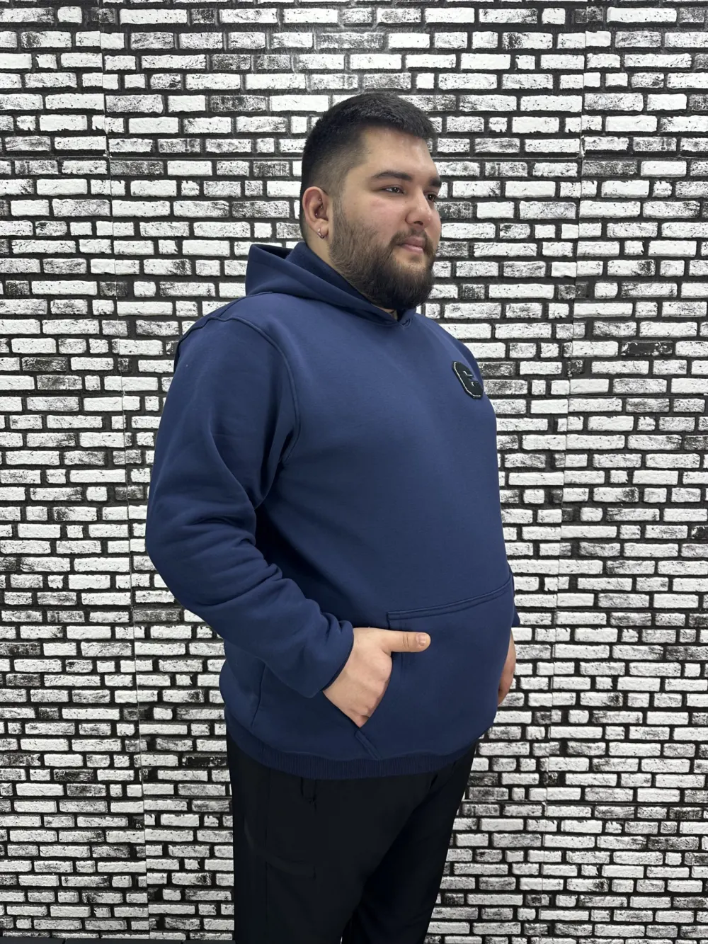 Büyük Beden Erkek 3 İplik Şardonlu Kapüşonlu Kanguru Cepli Dikiş Amblem Sweat 5 Renk