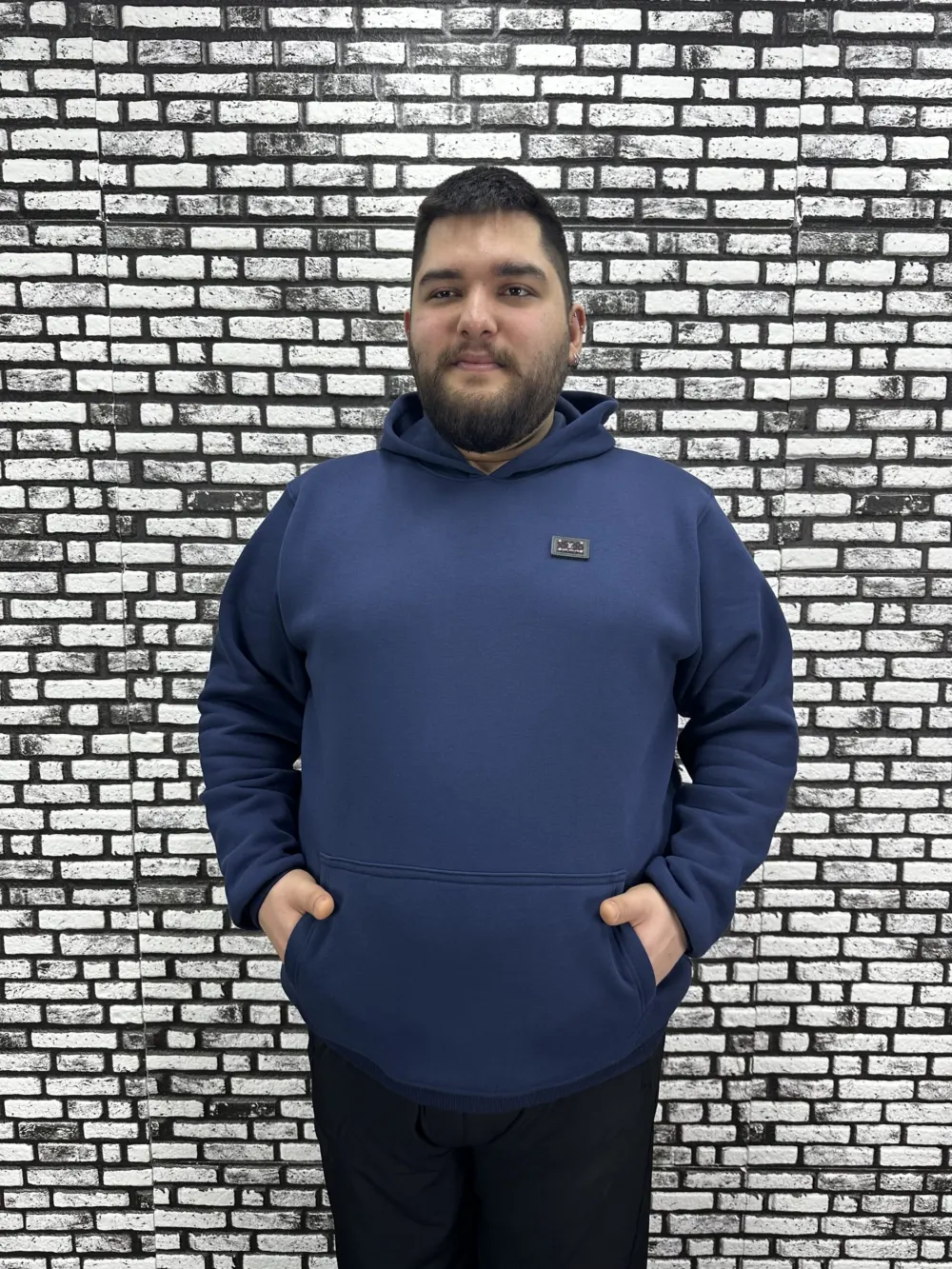 Büyük Beden Erkek 3 İplik Şardonlu Kapüşonlu Kanguru Cepli Dikiş Amblem Sweat 5 Renk
