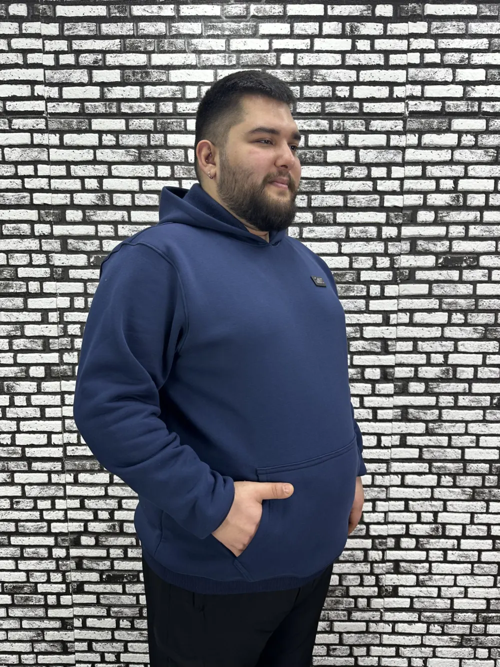 Büyük Beden Erkek 3 İplik Şardonlu Kapüşonlu Kanguru Cepli Dikiş Amblem Sweat 5 Renk