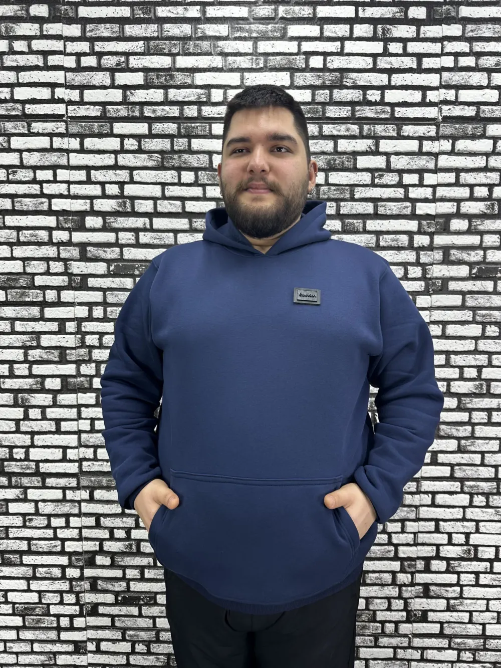 Büyük Beden Erkek 3 İplik Şardonlu Kapüşonlu Kanguru Cepli Dikiş Amblem Sweat 5 Renk