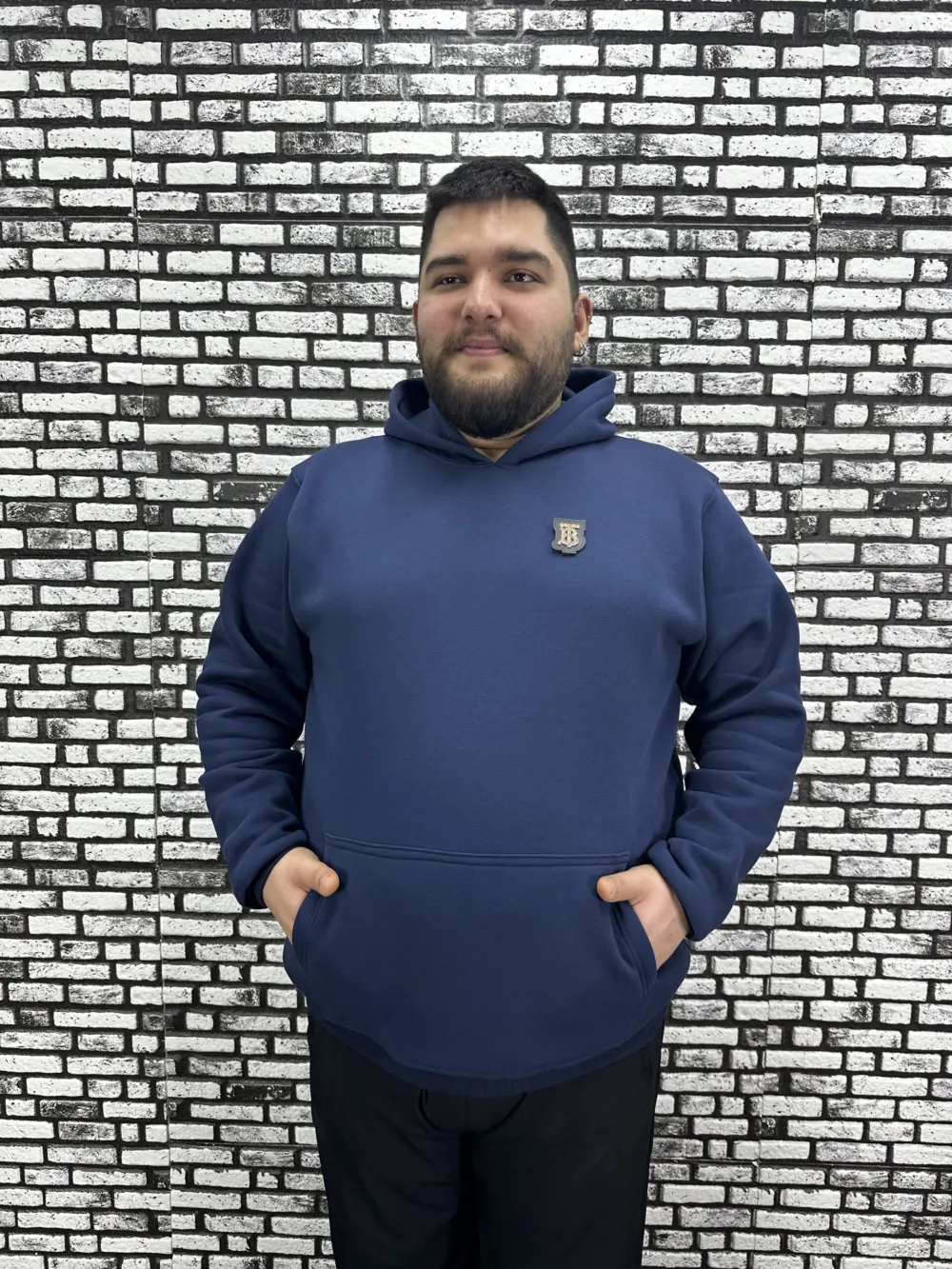 Büyük Beden Erkek 3 İplik Şardonlu Kapüşonlu Kanguru Cepli Dikiş Amblem Sweat 5 Renk