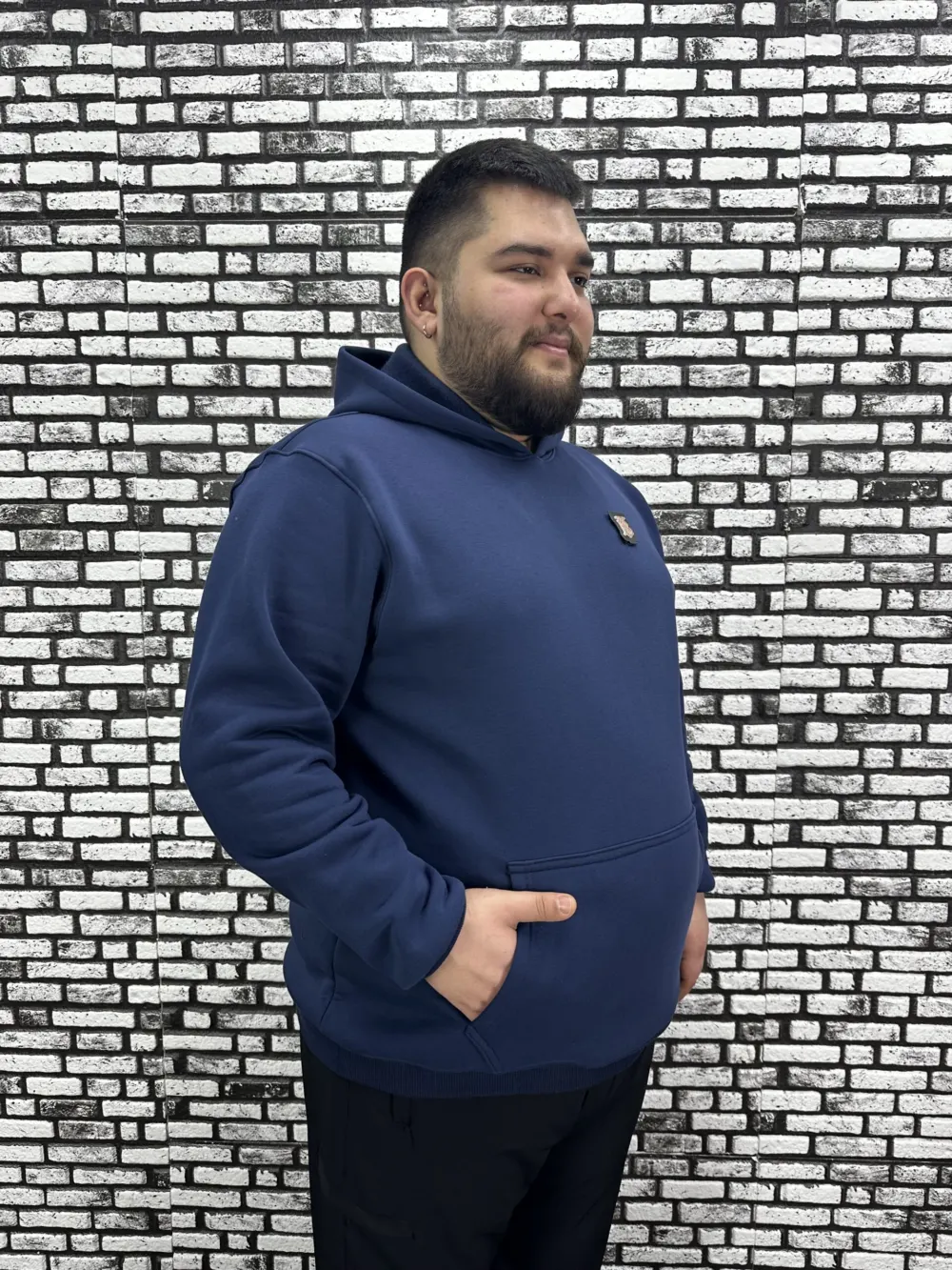 Büyük Beden Erkek 3 İplik Şardonlu Kapüşonlu Kanguru Cepli Dikiş Amblem Sweat 5 Renk