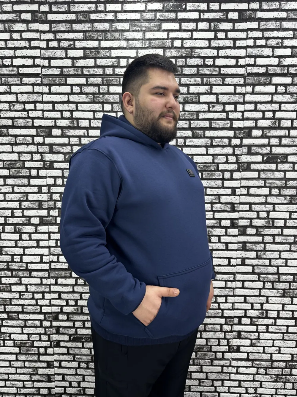 Büyük Beden Erkek 3 İplik Şardonlu Kapüşonlu Kanguru Cepli Dikiş Amblem Sweat 5 Renk