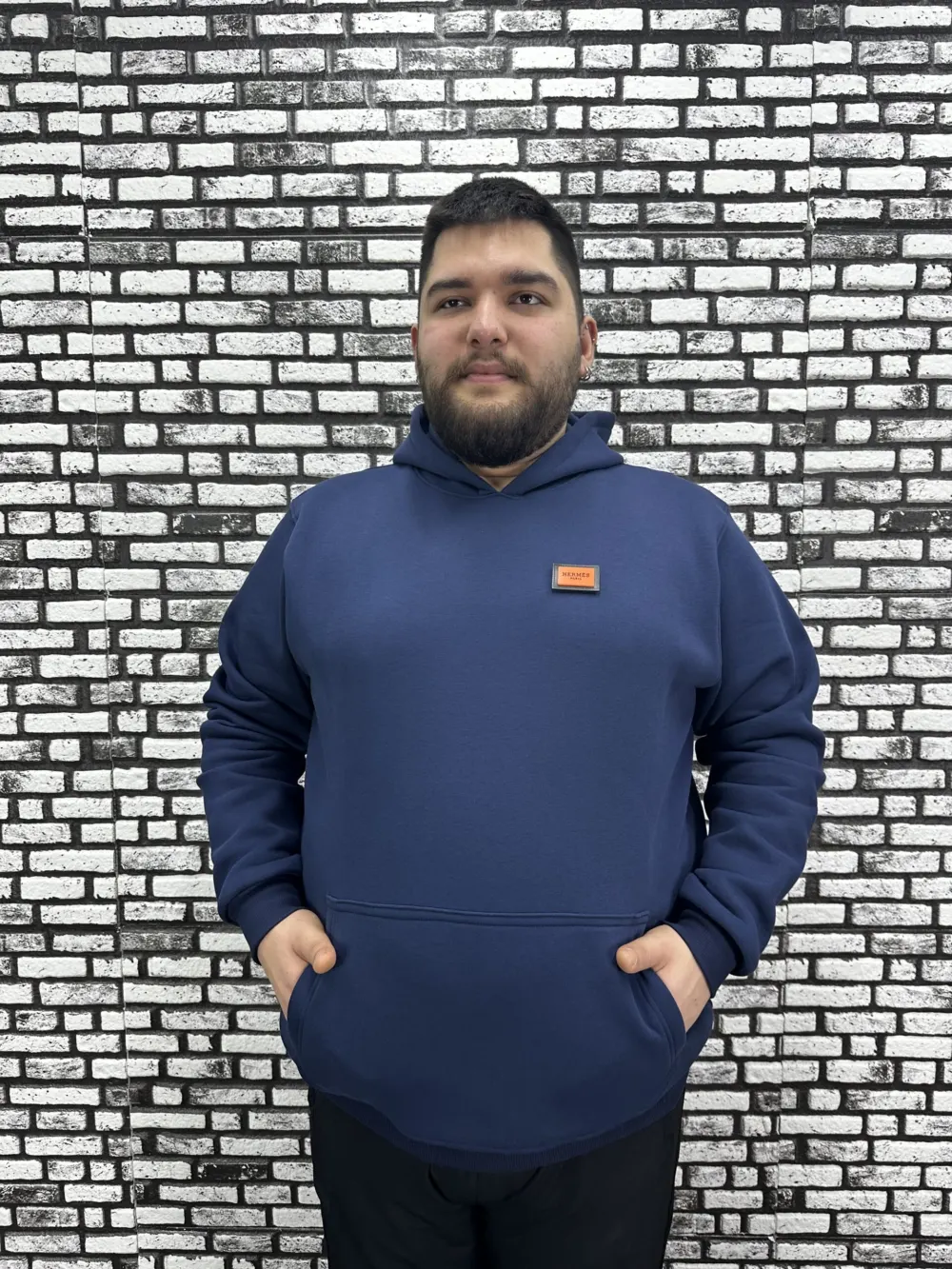 Büyük Beden Erkek 3 İplik Şardonlu Kapüşonlu Kanguru Cepli Dikiş Amblem Sweat 5 Renk