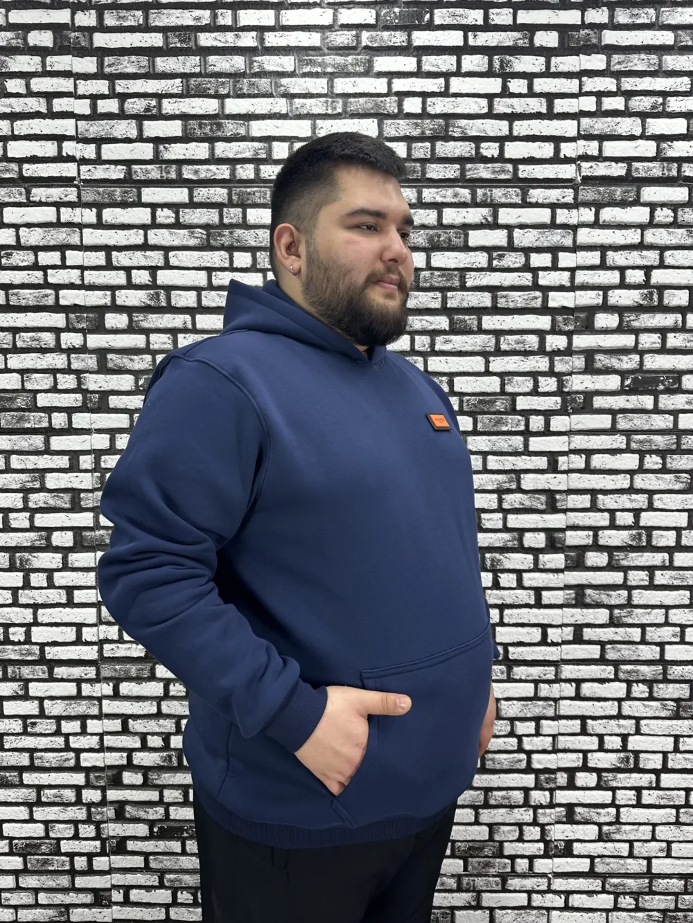 Büyük Beden Erkek 3 İplik Şardonlu Kapüşonlu Kanguru Cepli Dikiş Amblem Sweat 5 Renk