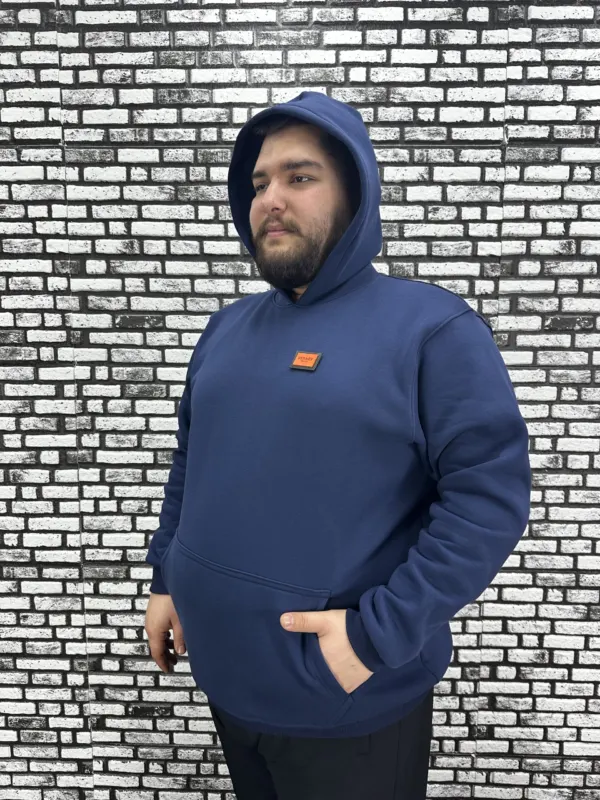 Büyük Beden Erkek 3 İplik Şardonlu Kapüşonlu Kanguru Cepli Dikiş Amblem Sweat 5 Renk