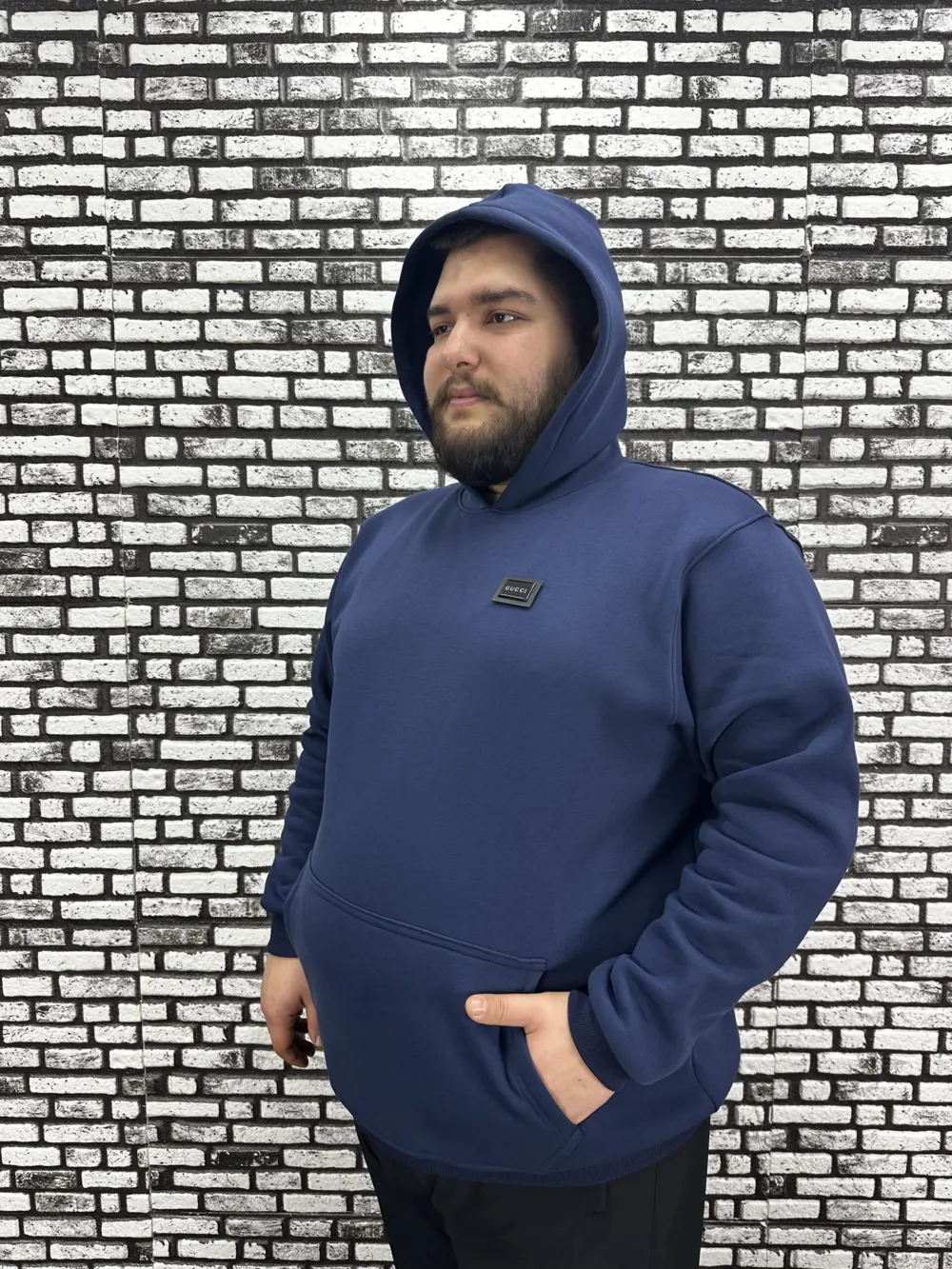 Büyük Beden Erkek 3 İplik Şardonlu Kapüşonlu Kanguru Cepli Dikiş Amblem Sweat 5 Renk