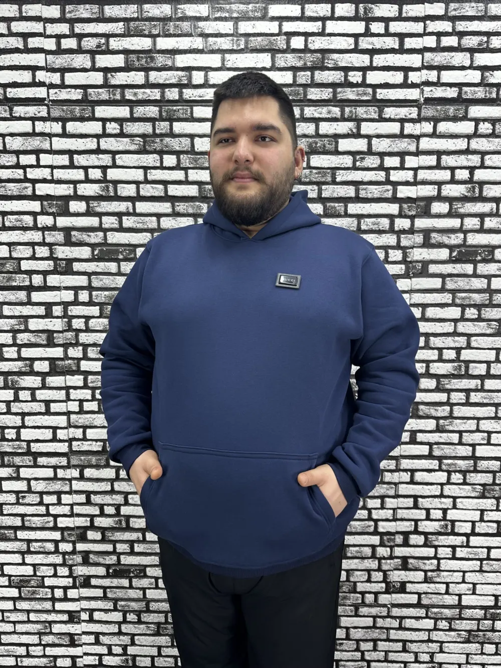 Büyük Beden Erkek 3 İplik Şardonlu Kapüşonlu Kanguru Cepli Dikiş Amblem Sweat 5 Renk