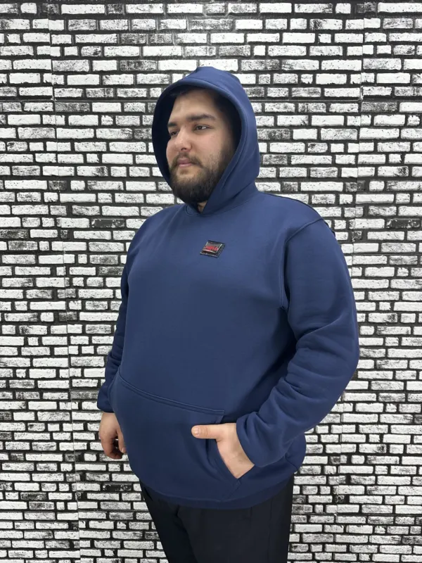 Büyük Beden Erkek 3 İplik Şardonlu Kapüşonlu Kanguru Cepli Dikiş Amblem Sweat 5 Renk