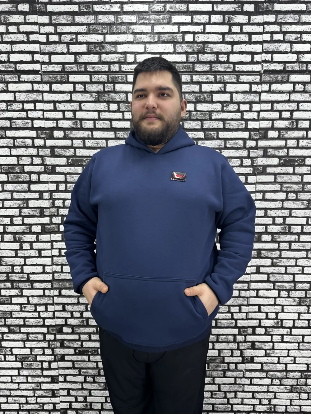 Büyük Beden Erkek 3 İplik Şardonlu Kapüşonlu Kanguru Cepli Dikiş Amblem Sweat 5 Renk