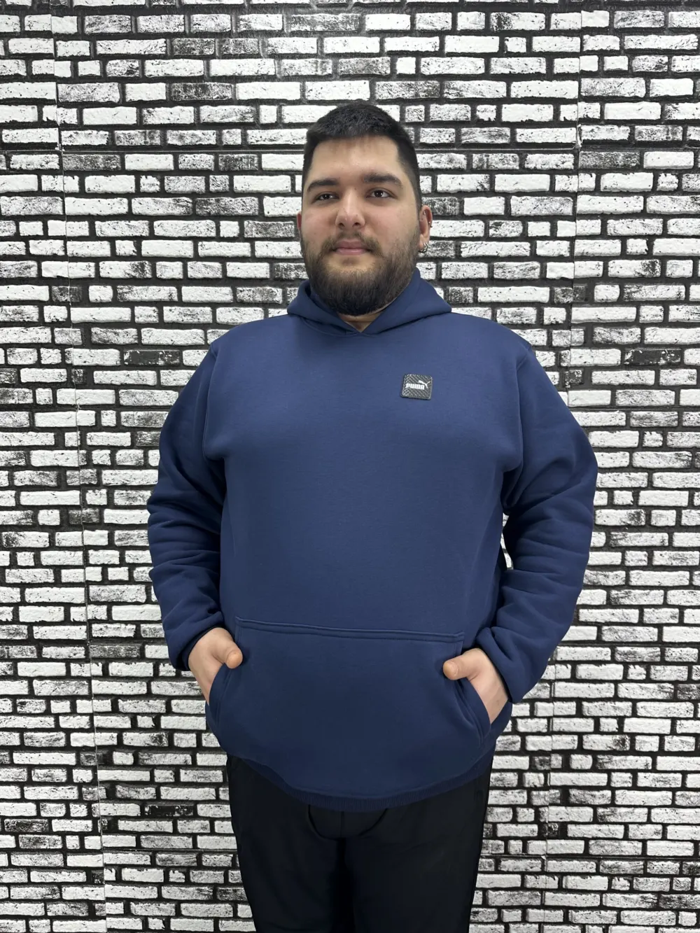 Büyük Beden Erkek 3 İplik Şardonlu Kapüşonlu Kanguru Cepli Dikiş Amblem Sweat 5 Renk