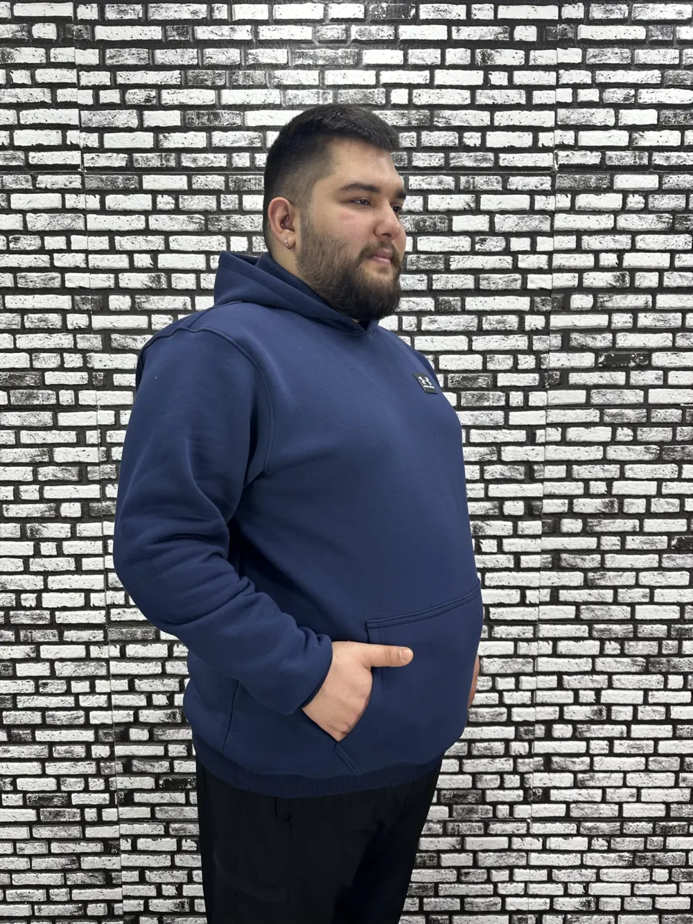 Büyük Beden Erkek 3 İplik Şardonlu Kapüşonlu Kanguru Cepli Dikiş Amblem Sweat 5 Renk
