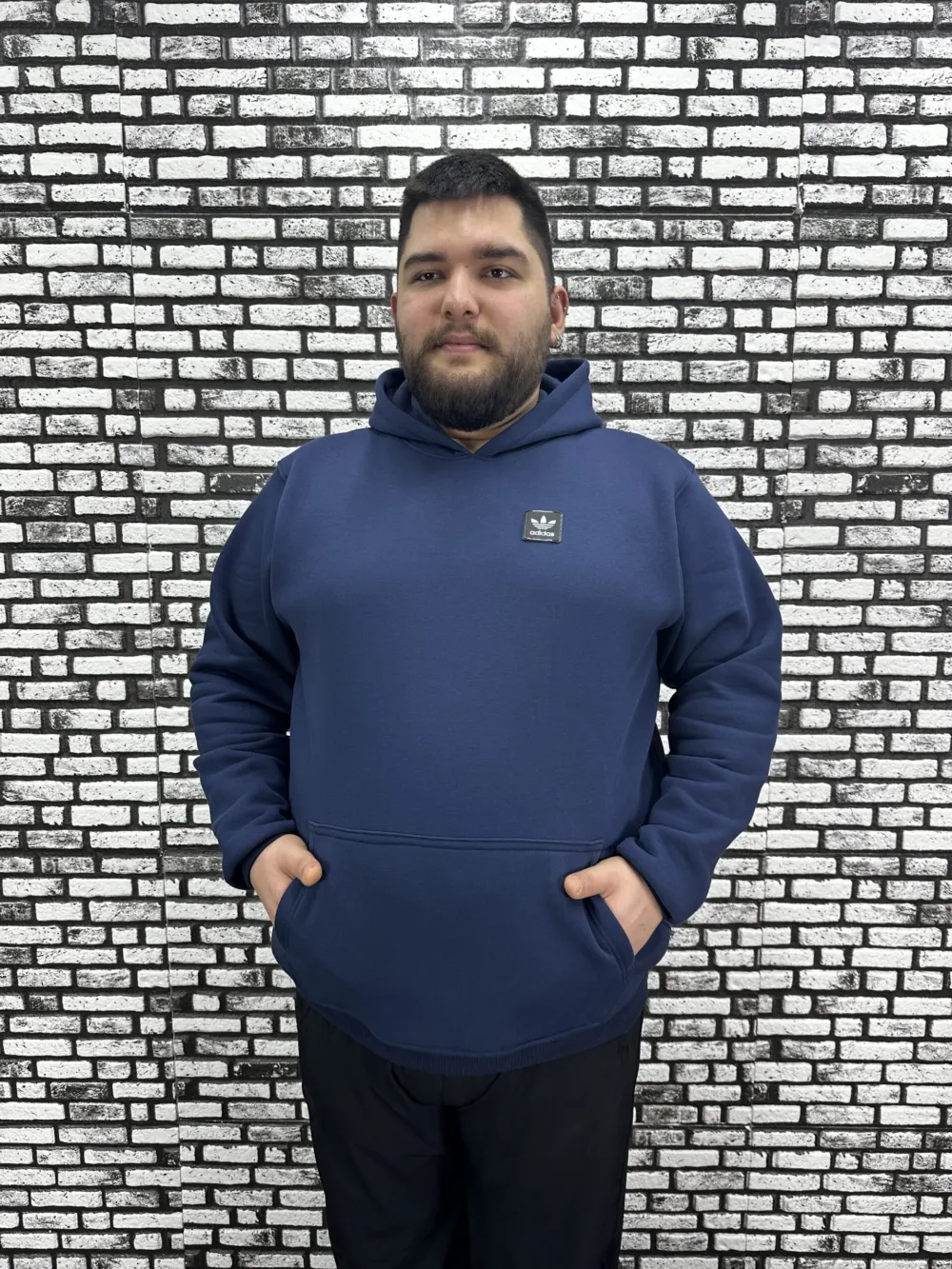 Büyük Beden Erkek 3 İplik Şardonlu Kapüşonlu Kanguru Cepli Dikiş Amblem Sweat 5 Renk
