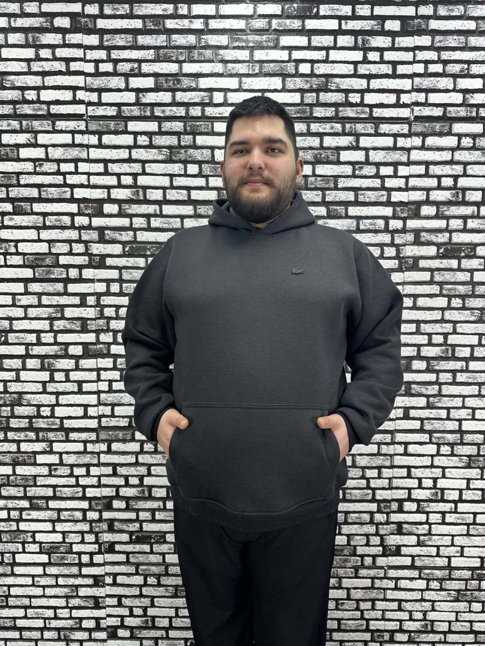 Büyük Beden Erkek 3 İplik Şardonlu Kapüşonlu Kanguru Cepli Dikiş Amblem Sweat 5 Renk