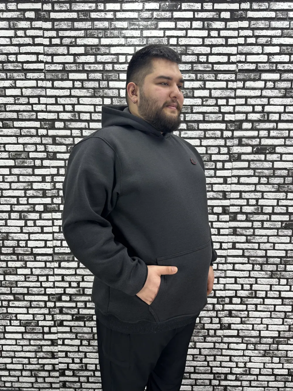 Büyük Beden Erkek 3 İplik Şardonlu Kapüşonlu Kanguru Cepli Dikiş Amblem Sweat 5 Renk