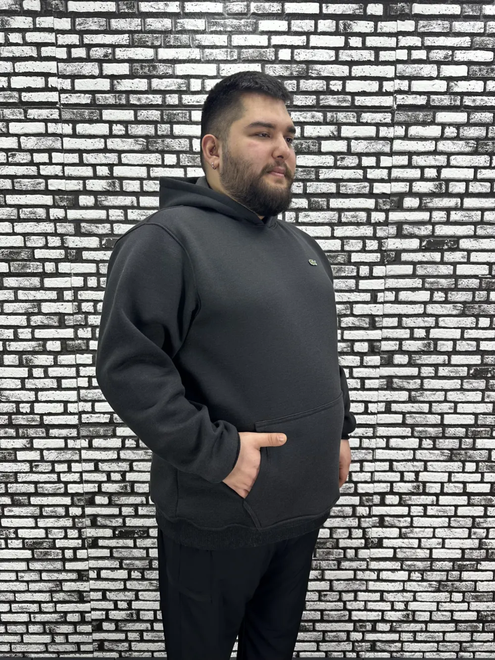 Büyük Beden Erkek 3 İplik Şardonlu Kapüşonlu Kanguru Cepli Dikiş Amblem Sweat 5 Renk