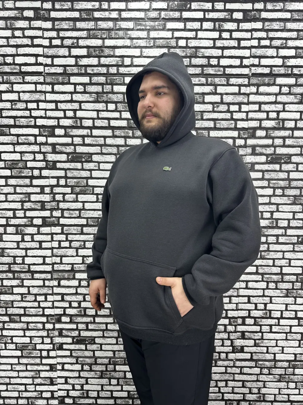Büyük Beden Erkek 3 İplik Şardonlu Kapüşonlu Kanguru Cepli Dikiş Amblem Sweat 5 Renk
