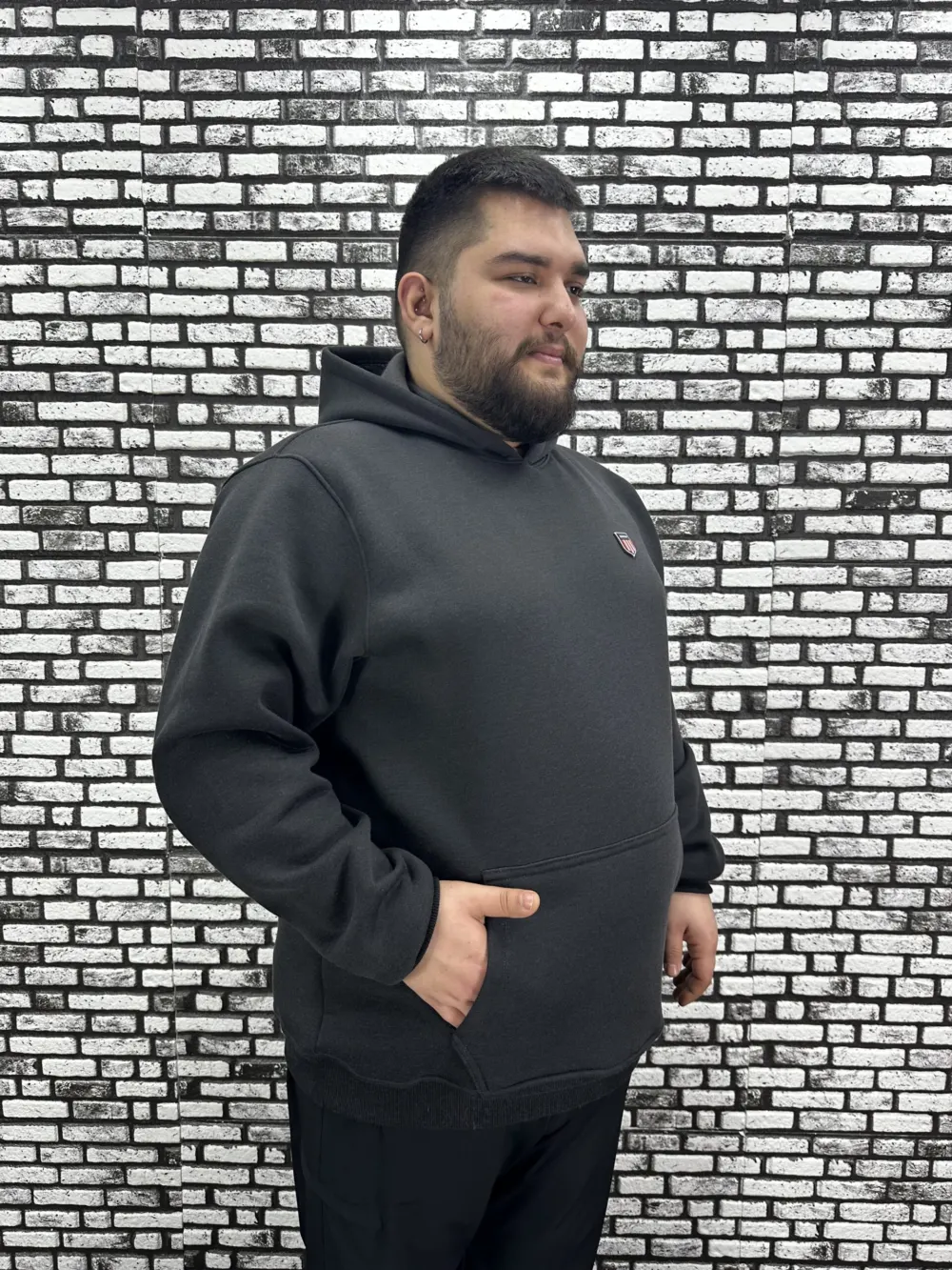 Büyük Beden Erkek 3 İplik Şardonlu Kapüşonlu Kanguru Cepli Dikiş Amblem Sweat 5 Renk
