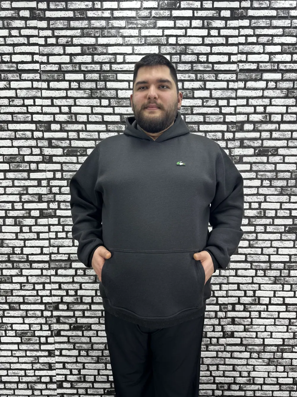 Büyük Beden Erkek 3 İplik Şardonlu Kapüşonlu Kanguru Cepli Dikiş Amblem Sweat 5 Renk
