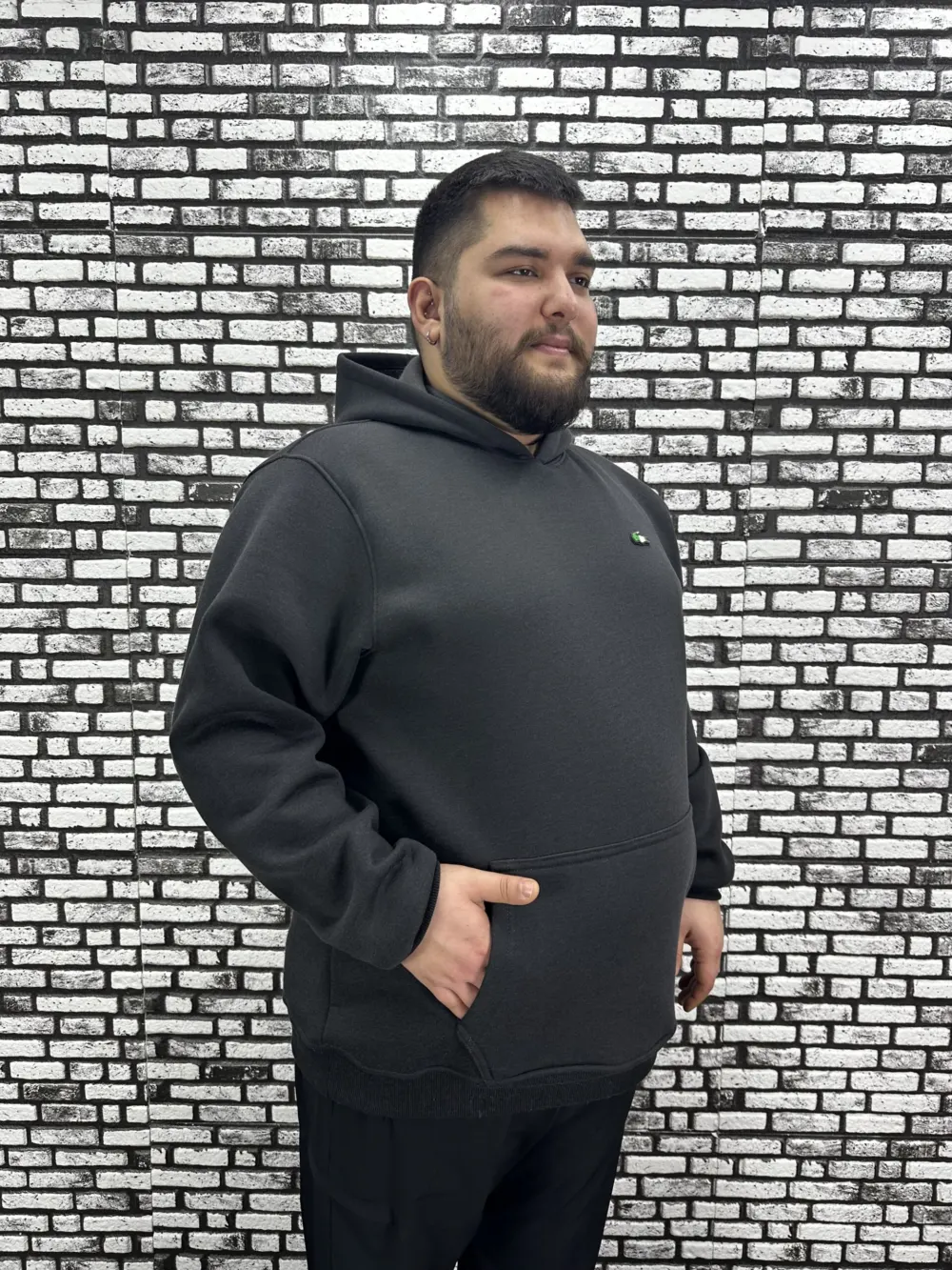 Büyük Beden Erkek 3 İplik Şardonlu Kapüşonlu Kanguru Cepli Dikiş Amblem Sweat 5 Renk