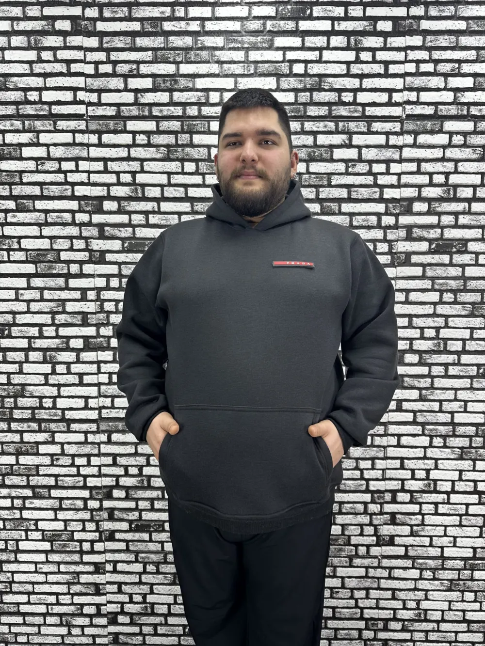 Büyük Beden Erkek 3 İplik Şardonlu Kapüşonlu Kanguru Cepli Dikiş Amblem Sweat 5 Renk