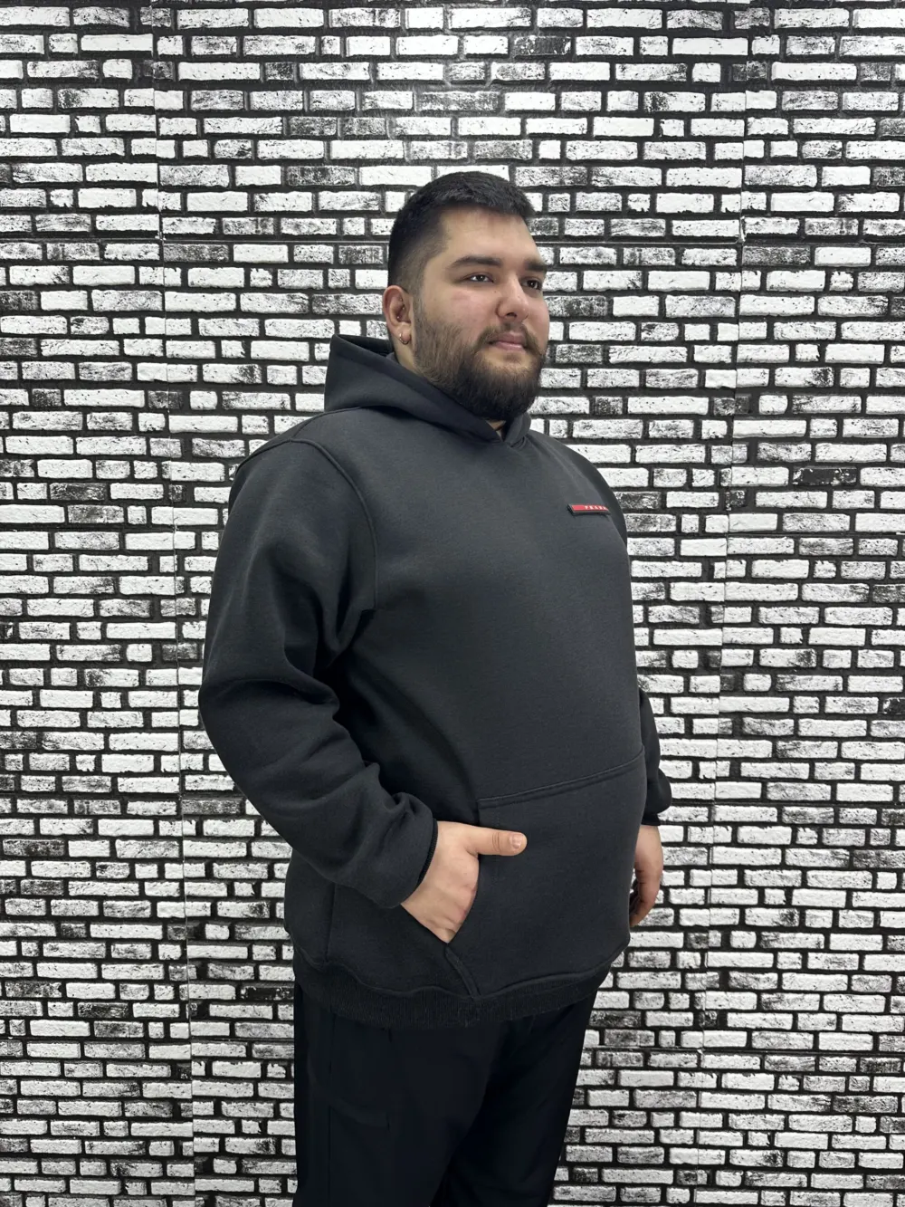 Büyük Beden Erkek 3 İplik Şardonlu Kapüşonlu Kanguru Cepli Dikiş Amblem Sweat 5 Renk
