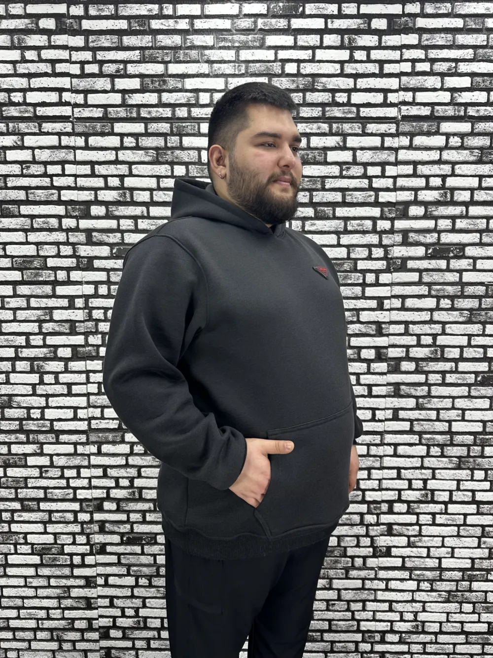Büyük Beden Erkek 3 İplik Şardonlu Kapüşonlu Kanguru Cepli Dikiş Amblem Sweat 5 Renk