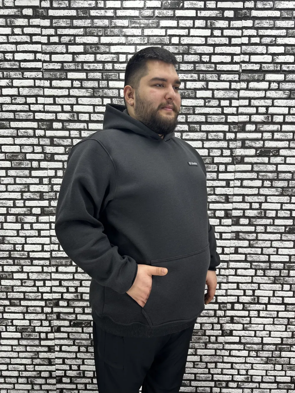 Büyük Beden Erkek 3 İplik Şardonlu Kapüşonlu Kanguru Cepli Dikiş Amblem Sweat 5 Renk