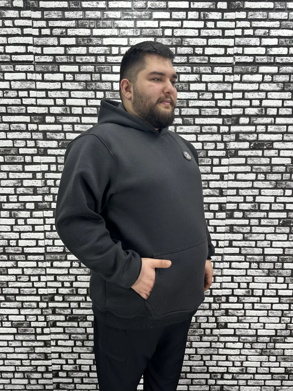 Büyük Beden Erkek 3 İplik Şardonlu Kapüşonlu Kanguru Cepli Dikiş Amblem Sweat 5 Renk