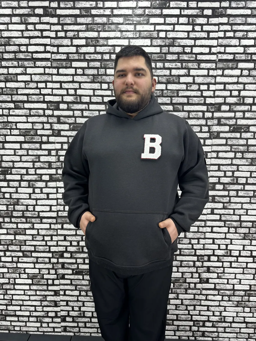 Büyük Beden Erkek 3 İplik Şardonlu Kapüşonlu Kanguru Cepli Dikiş Amblem Sweat 5 Renk